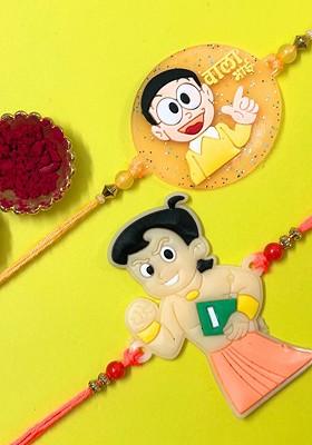 Orange Kids Set Of 2 Chhota Bheem And Kulfi Wala Bhai Thread Rakhis With Roli Chawal