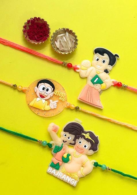 Yellow Kids Set Of 3 Bajrangi Chhota Bheem And Kulfi Wala Bhai Thread Rakhis With Roli Chawal