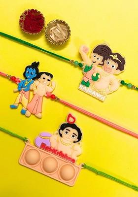 Peach Set Of 3 Bajrangi Balkrishna And Chota Bheem Krishna Thread Rakhi