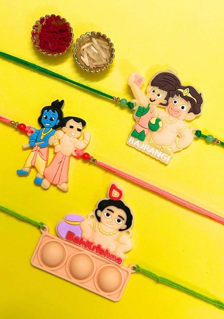Peach Set Of 3 Bajrangi Balkrishna And Chota Bheem Krishna Thread Rakhi - Indya