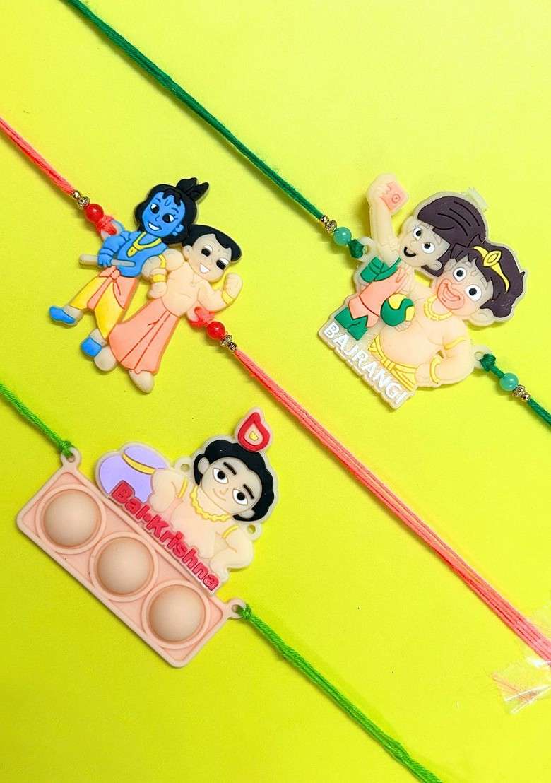 Peach Set Of 3 Bajrangi Balkrishna And Chota Bheem Krishna Thread Rakhi - Indya