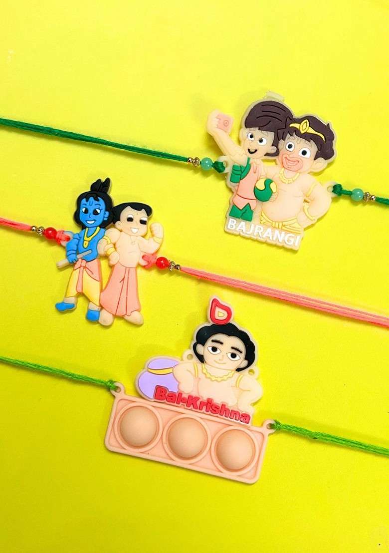 Peach Set Of 3 Bajrangi Balkrishna And Chota Bheem Krishna Thread Rakhi - Indya