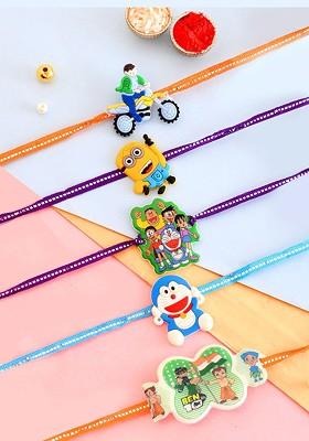 Blue Kids Set Of 4 Thread Rakhis With Roli Chawal And Greetings Card