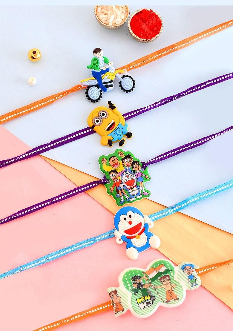 Blue Kids Set Of 4 Thread Rakhis With Roli Chawal And Greetings Card - Indya