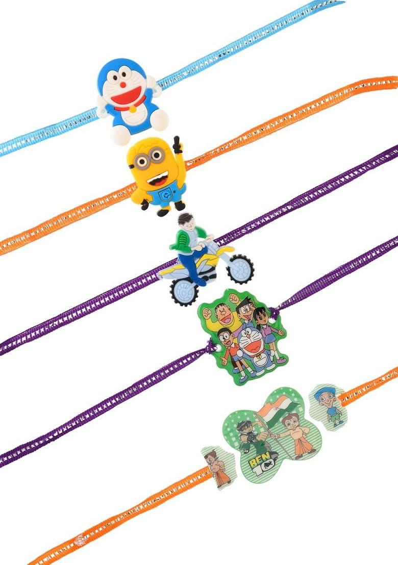 Blue Kids Set Of 4 Thread Rakhis With Roli Chawal And Greetings Card - Indya