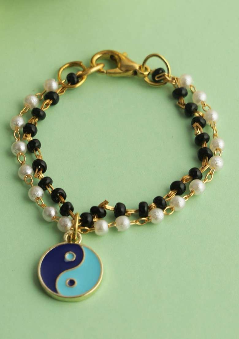Black Beaded With Peace Charm Bracelet Rakhi With Roli Chawal And Greeting Card - Indya