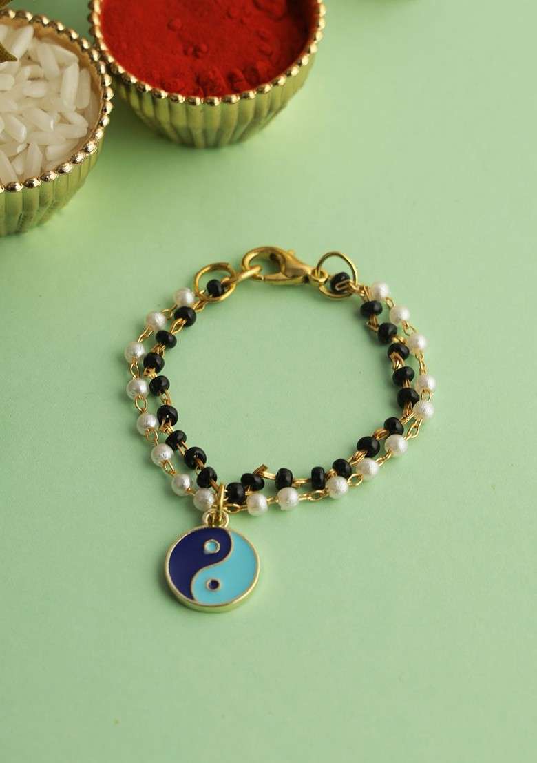 Black Beaded With Peace Charm Bracelet Rakhi With Roli Chawal And Greeting Card - Indya