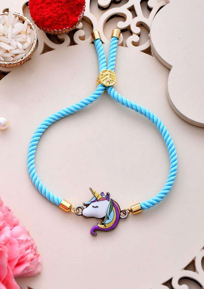 Blue Unicorn Threaded Bracelet Rakhi With Roli Chawal And Greeting Card - Indya