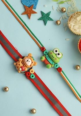 Red Red Set Of 2 Teddy And Frog Thread Rakhis With Roli Chawal And Greeting Card