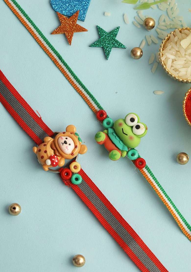 Red Red Set Of 2 Teddy And Frog Thread Rakhis With Roli Chawal And Greeting Card - Indya