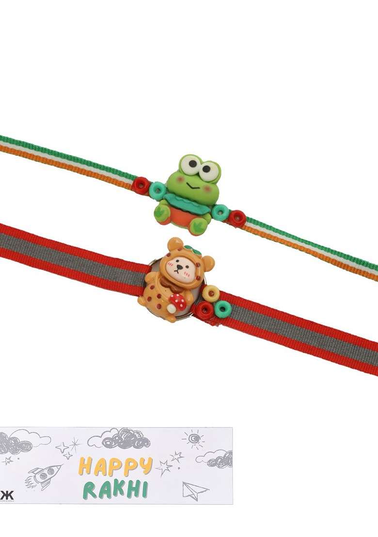 Red Red Set Of 2 Teddy And Frog Thread Rakhis With Roli Chawal And Greeting Card - Indya