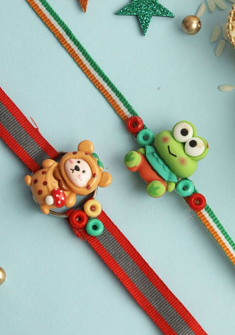 Red Red Set Of 2 Teddy And Frog Thread Rakhis With Roli Chawal And Greeting Card - Indya
