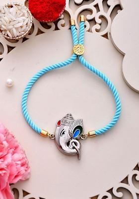 Silvertoned Ganesha Threaded Bracelet Rakhi With Roli Chawal And Greeting Card