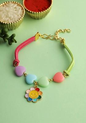 Yellow Heart And Floral Designed Charm Bracelet Rakhi With Roli Chawal