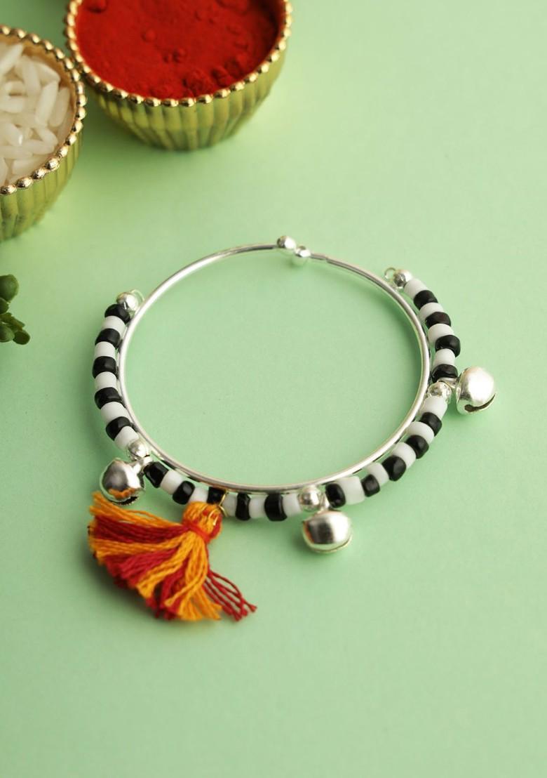 Black Beaded Kada Bracelet Rakhi With Roli Chawal And Greetings Card - Indya