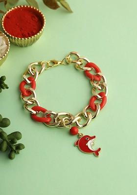 Red Whale Charm Bracelet Rakhi With Roli Chawal And Greetings Card