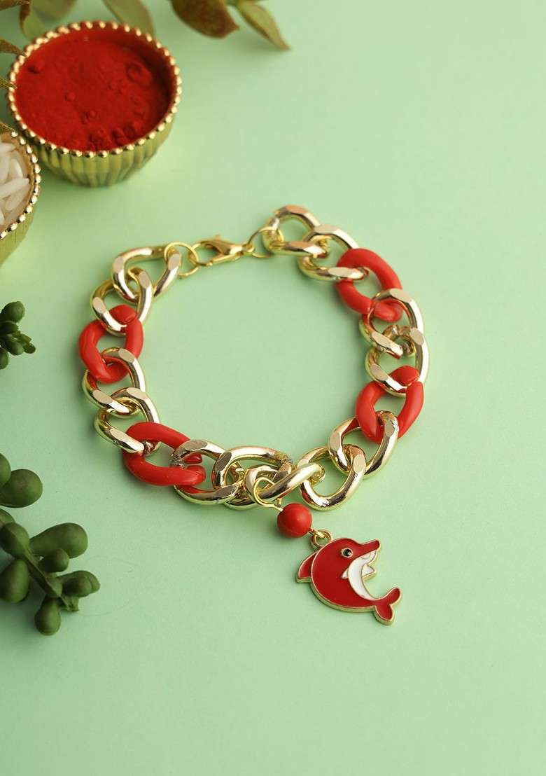 Red Whale Charm Bracelet Rakhi With Roli Chawal And Greetings Card - Indya