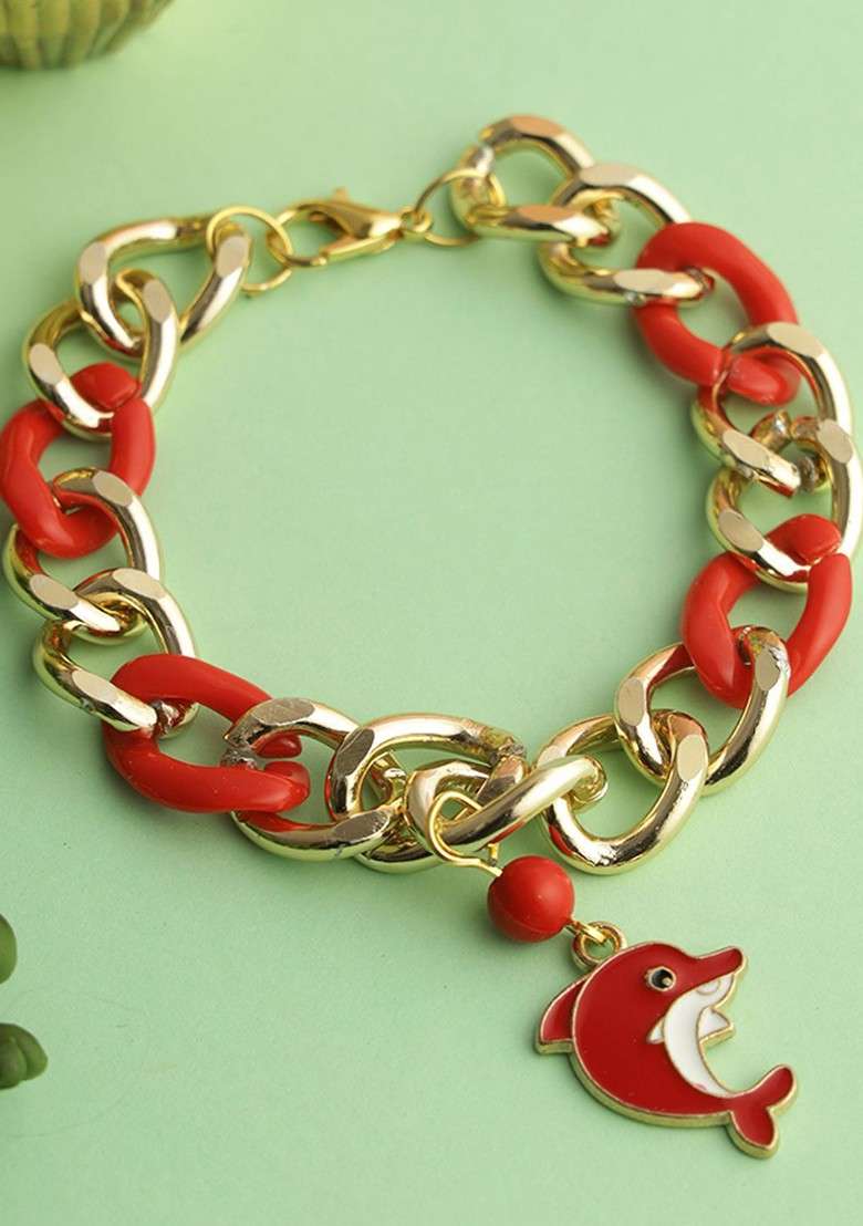 Red Whale Charm Bracelet Rakhi With Roli Chawal And Greetings Card - Indya