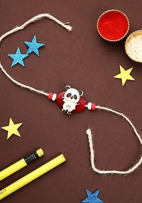 White White Panda Cartoon Thread Rakhi With Roli Chawal And Greetings Card