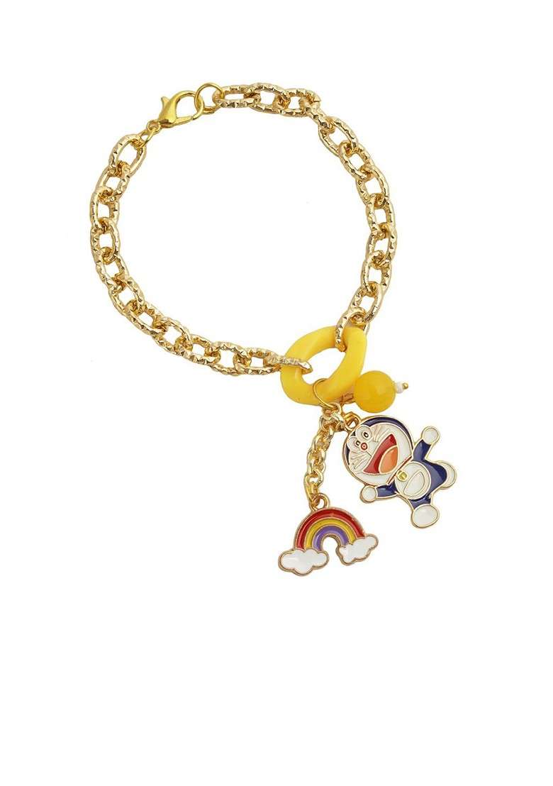 Yellow Doraemon Charm Bracelet Rakhi With Roli Chawal And Greetings Card - Indya