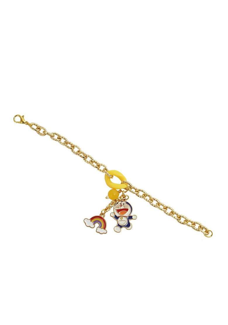 Yellow Doraemon Charm Bracelet Rakhi With Roli Chawal And Greetings Card - Indya