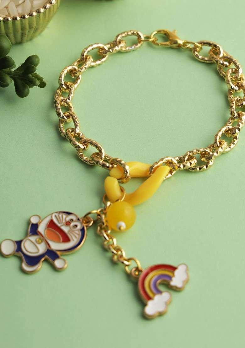 Yellow Doraemon Charm Bracelet Rakhi With Roli Chawal And Greetings Card - Indya