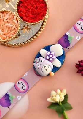 White Playful Cat 3D Printed Band Wraparound Rakhi With Roli Chawal