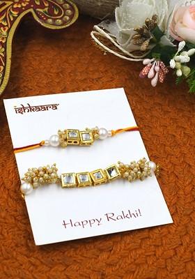 Gold Kids Kundan Moti Beaded Bhaiya Bhabhi Thread Rakhis