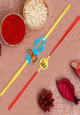 Yellow Kids Set Of 2 Bahubali And Best Bhai Kids Thread Rakhis With Roli Chawal
