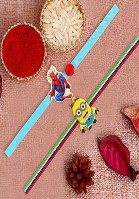 Blue Kids Set Of 2 Spinder And Minions Thread Rakhis With Roli Chawal
