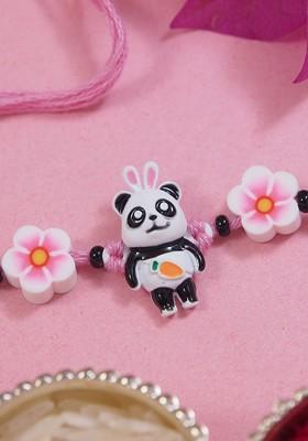 Black Boys Panda Thread Rakhi With Roli Chawal And Greeting Card
