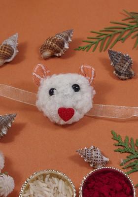 White Boys Mouse Thread Rakhi With Roli Chawal And Greeting Card