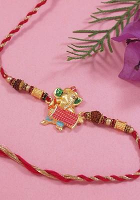 Red Boys Ganpati Thread Rakhi With Roli Chawal And Greeting Card