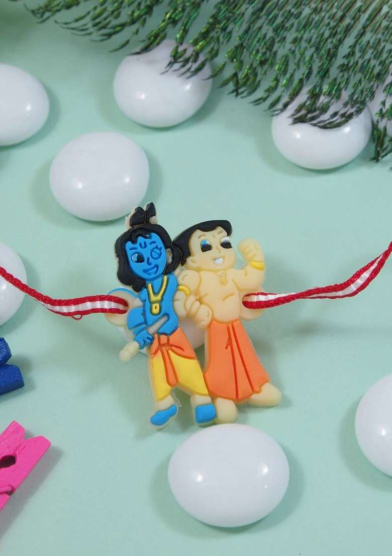 Red Boys Chota Bheem And Krishna Thread Rakhi With Roli Chawal And Greeting Card - Indya