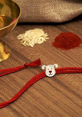 Red 92.5 Sterling Silver Teddy Thread Rakhi With Roli Chawal
