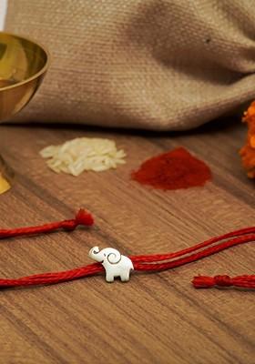 Red 92.5 Sterling Silver Elephant Thread Rakhi With Roli Chawal
