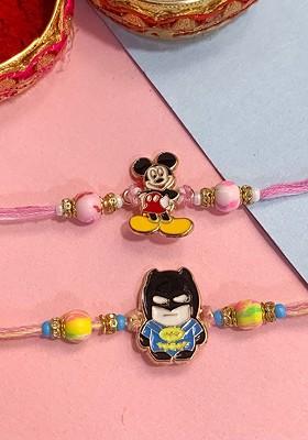 Pink Boys Set Of 2 Cartoon Thread Rakhis With Roli Chawal And Card