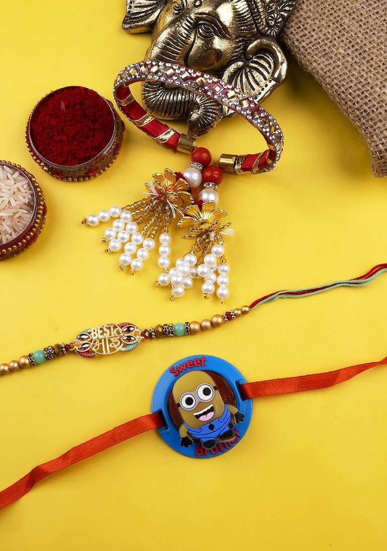 Blue Set Of 3 Beaded Bracelet And Thread Rakhis With Roli Chawal - Indya