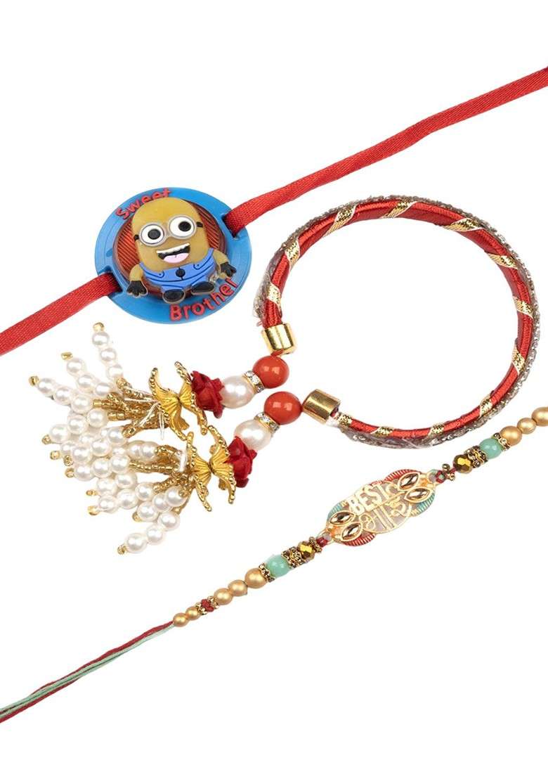 Blue Set Of 3 Beaded Bracelet And Thread Rakhis With Roli Chawal - Indya