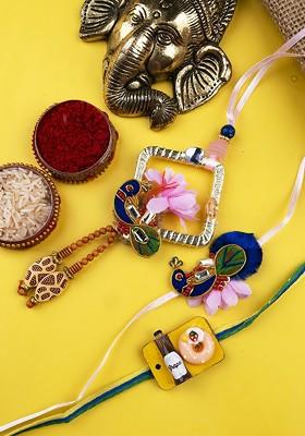 Green Set Of 3 Bhaiya Bhabhi Beaded Lumba And Thread Rakhis With Roli Chawal