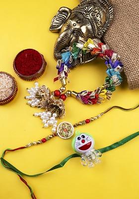 Gold Set Of 3 Studded Bracelet And Thread Rakhis With Roli Chawal