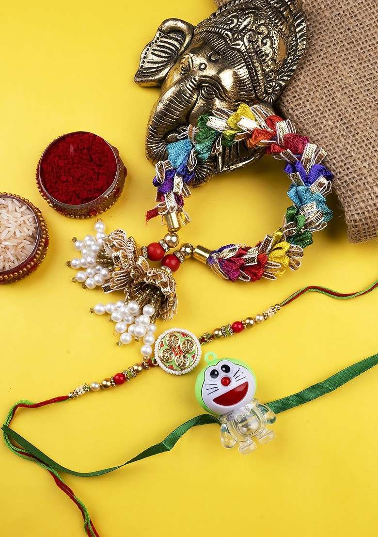 Gold Set Of 3 Studded Bracelet And Thread Rakhis With Roli Chawal - Indya