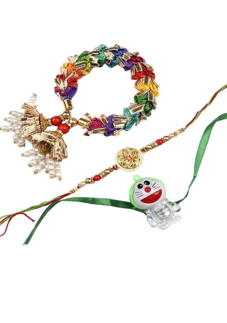 Gold Set Of 3 Studded Bracelet And Thread Rakhis With Roli Chawal - Indya