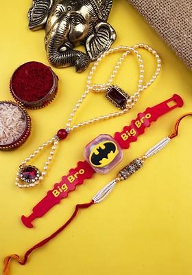 Gold Set Of 3 Studded And Beaded Bracelet And Thread Rakhis With Roli Chawal