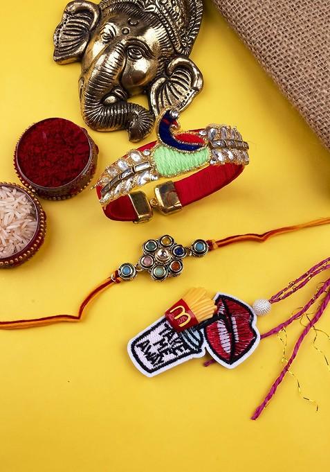 Red Set Of 3 Studded Bracelet And Thread Rakhis With Roli Chawal