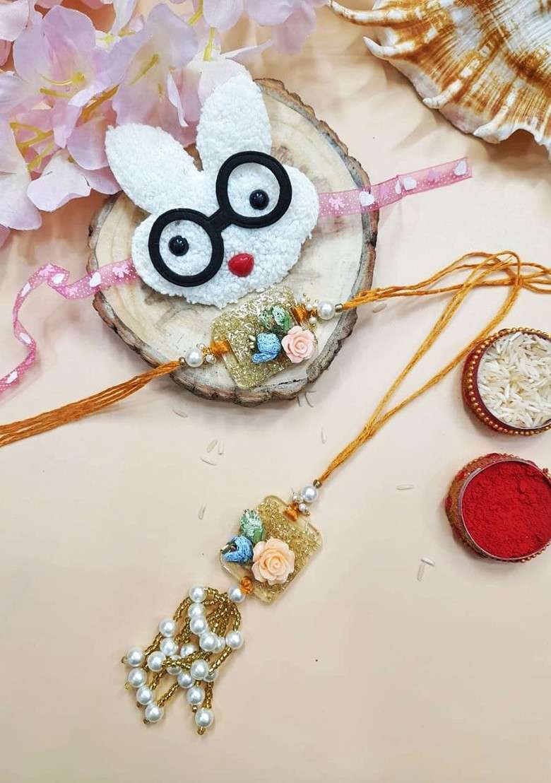 Pink Set Of 3 Studded Lumba And Thread Rakhis With Roli Chawal - Indya