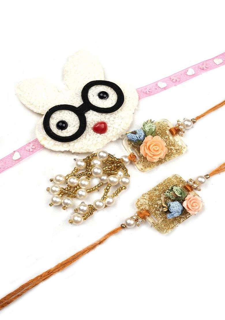 Pink Set Of 3 Studded Lumba And Thread Rakhis With Roli Chawal - Indya