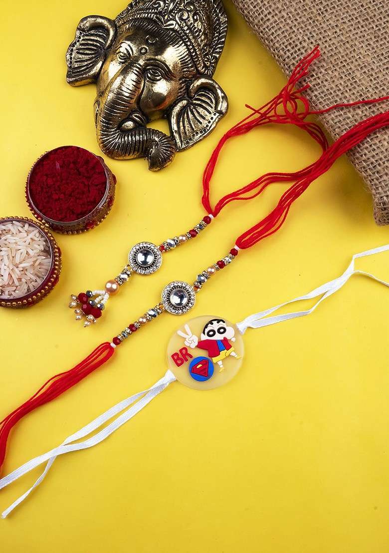 Red Set Of 3 Studded And Beaded Lumba And Thread Rakhis With Roli Chawal - Indya