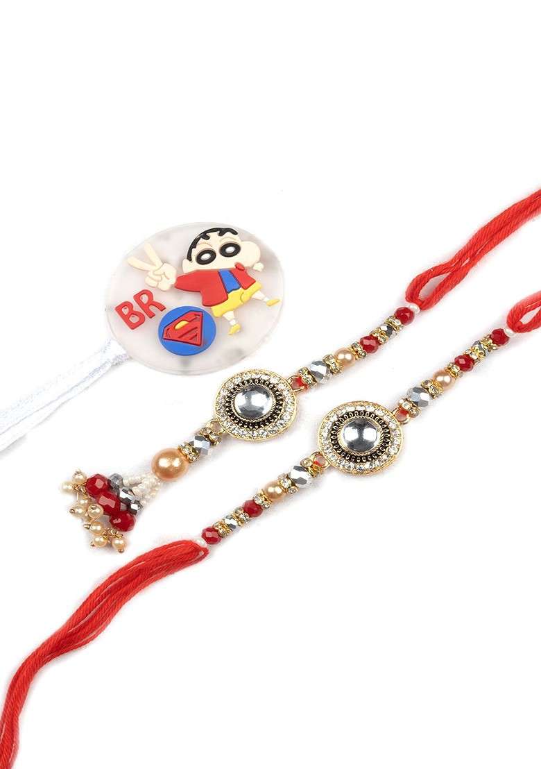 Red Set Of 3 Studded And Beaded Lumba And Thread Rakhis With Roli Chawal - Indya