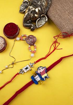 Gold Set Of 3 Studded And Beaded Bracelet And Thread Rakhis With Roli Chawal